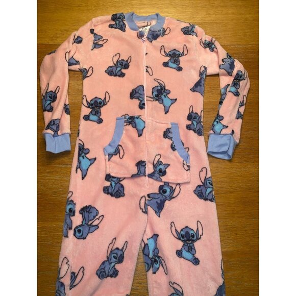 Disney Stitch Pink Fleece One-Piece Pajama Suit With Pockets & Zip Closure For K - Picture 1 of 5